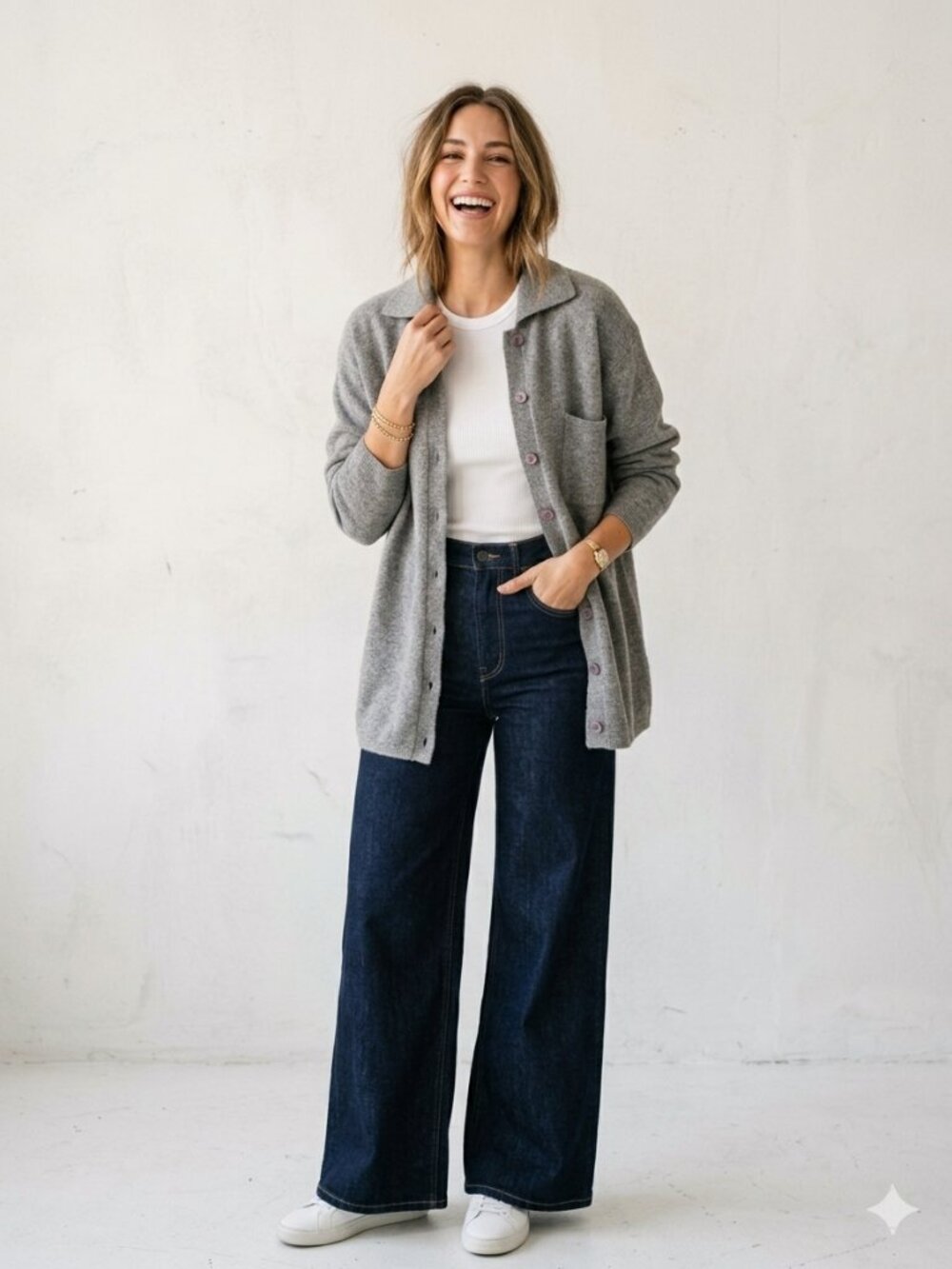 Precious Fibers Cashmere Cardigan Gray Polo Collar Button Up Sweater L
